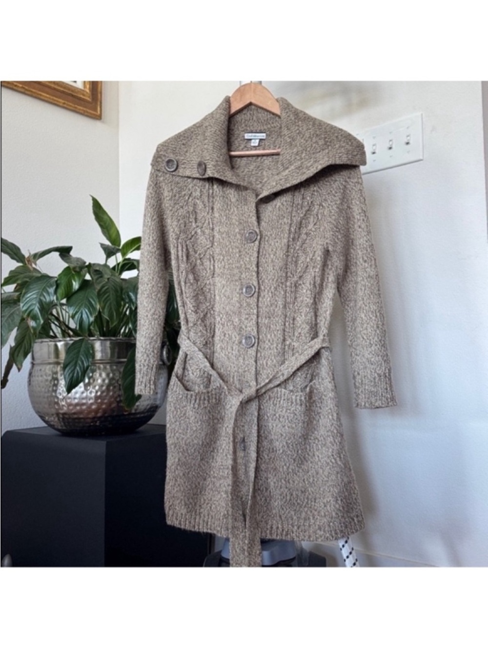 Croft & Barrow Y2K 90s Button up Sweater Cardigan jacket Sz M Beige Brown Belt